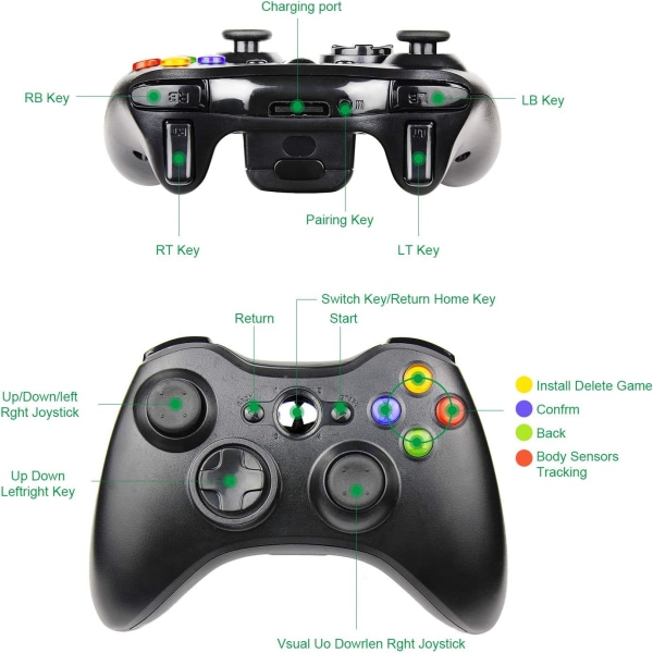 Trådløs controller til Xbox 360, xbox 360 Game Controller Gamepad, knapper Forbedret ergonomisk design joystick til Microsoft Xbox & Slim 360 PC