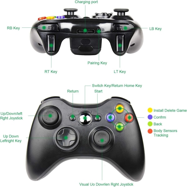 Trådlös handkontroll för Xbox 360, xbox 360 spelkontroll Gamepad, knappar förbättrad ergonomisk design joystick för Microsoft Xbox & Slim 360 PC