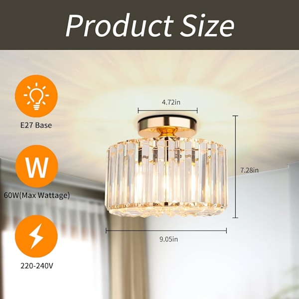 Taklampe i gull - Industriell krystall semi-innfelt takbelysning Moderne LED krystallkroner egnet for stuen