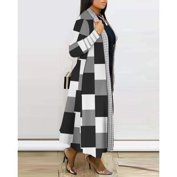 Damkavaj i Plus Size med Färgblock och Geometrisk Tryck, Långärmad, Öppen Fram, Casual