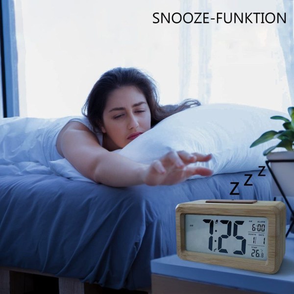 Digital väckarklocka, trä digital väckarklocka med stor temperaturdisplay, bordsklocka med snooze-funktion, datum