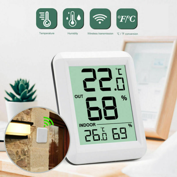 GTA digitalt termometer Hygrometer Innendørs Utendørs Hygrometer Termometer Rom- og fuktighetsmåler 100M Area Monitor Stor LCD-skjerm