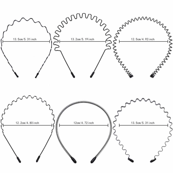 6 ST. Metallpannband Svart hårbåge Spring Wave Hårband Multi-Style Unisex Flexibla pannband Tillbehör för kvinnor män