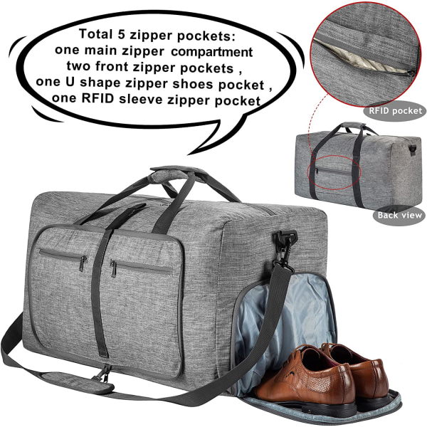 Miesten matkakassi, 65 litran kokoontaittuva matkakassi, jossa on kenkätasku Yölaukku miehille, naisille, vedenpitävä ja repeytymätön (harmaa)
