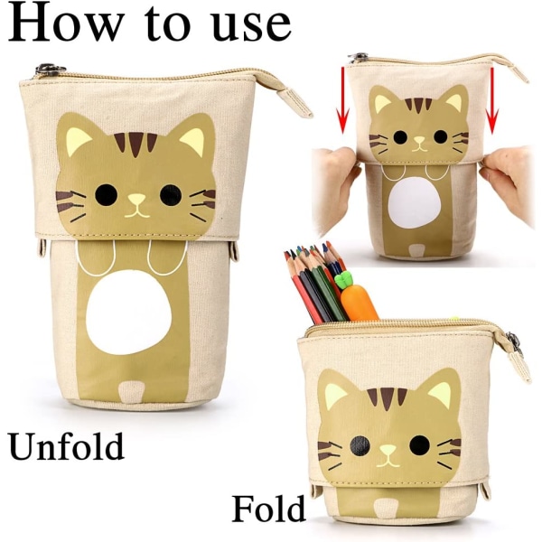 Case med justerbar bas - Söt tecknad katt Canvas case för brevpapper förvaringsväska kaffe+gul
