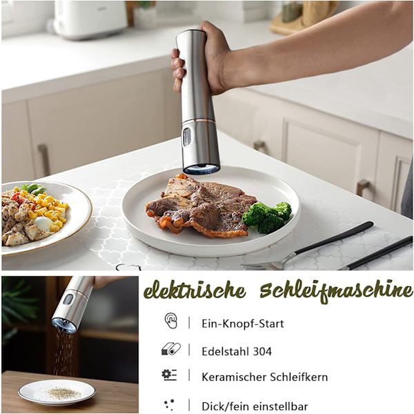Elektrisk pepparkvarn, kryddkvarn i rostfritt stål, peppar, salt