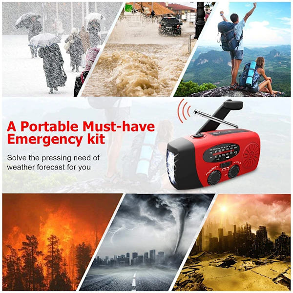 2000mAh veivradio med solceller, lommelykt og powerbank red