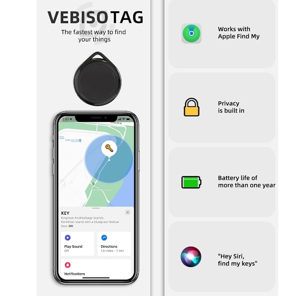 Nøkkel finner, Fungerer med Apple Finn min (bare iOS), Utskiftbart batteri, Tapt plassering, GPS-sporing for barn, Bagasje, Lommebok