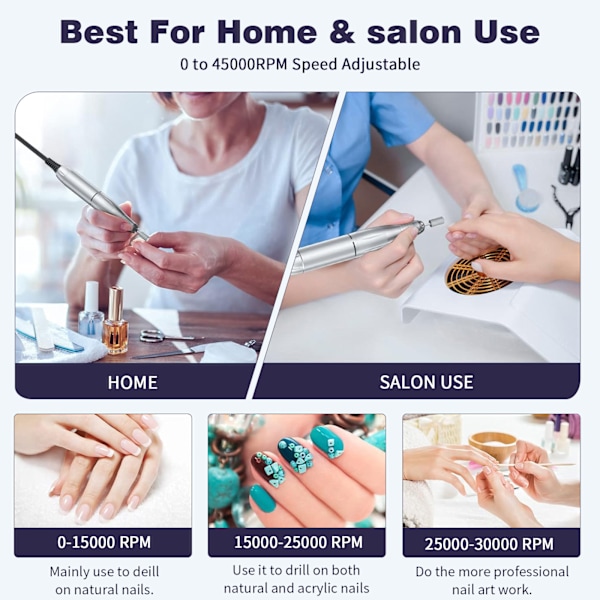 Oppladbar elektrisk neglefil for akryl gel negl manikyr pedikyr sett neglesalonger, rosa