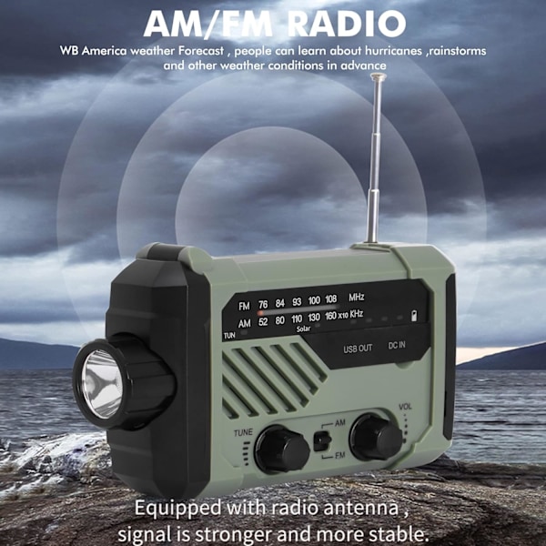 Nödväderradio, 2000mAh Solradio AM/FM Handvev Dynamo Radio USB Laddningsbar Utomhus