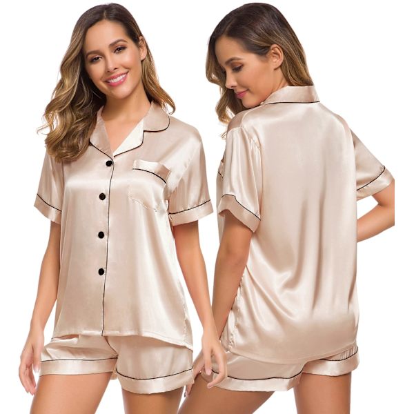 Naisten satiini-pyjama, lyhyet naisten pyjama napilla, V-kaula-aukko Gold XL