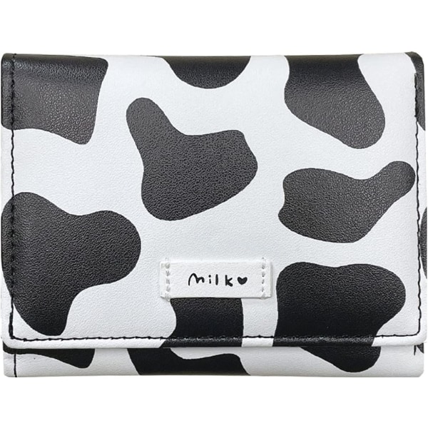 Women Girls Wallet Cute Cow Print Tri-Fold Wallet PU Leather Purse Slim Small Short Wallet Cartoon Trifold Cash Card Holder Bag (Black Cow)