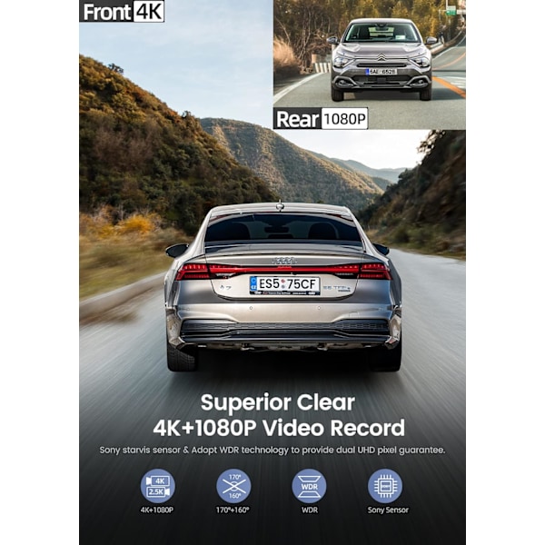 4K Kojelautakamera eteen ja taakse, edessä 4K/2.5K takana 1080P kaksoiskamera autoihin, kojelautakamerat sisäänrakennetulla WiFi GPS:llä, 3 tuuman IPS-näyttö,