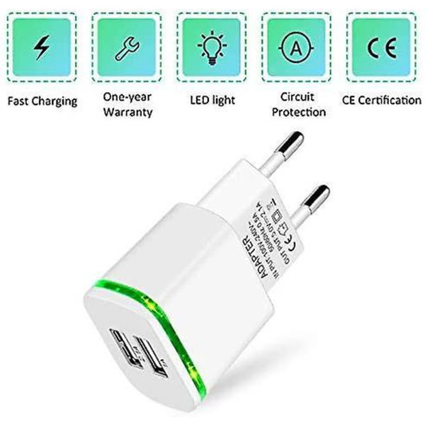 Dobbel USB-vegglader med LED-indikator, 2-pakning 2.1A 5V 2-porters universell strømforsyning for iPhone