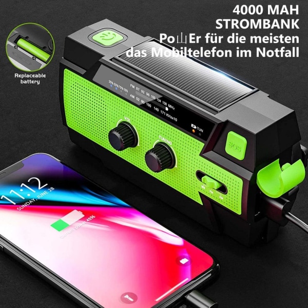 Solar Radio AM/FM Krankradio Bærbar USB-nødradio med 4000mAh batteri og håndholdt generator til campingrejser
