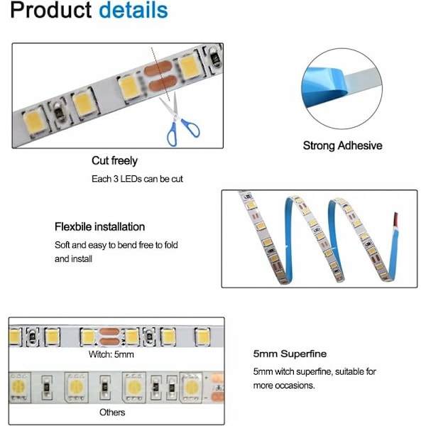 12V LED-strip, 1 cm bred, 3000K 5M Varmvit LED-strip 2835 IP65 120 LEDs/M, Totalt 600 LEDs LED-ljusstrip för sovrum, köksdekoration