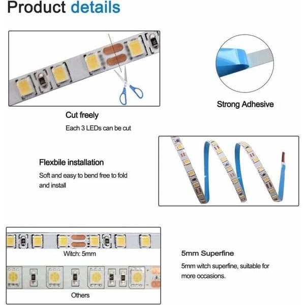 12V LED-strip 5m varmvit 3000K IP65 600LEDs för sovrum köksdekoration{AZC}