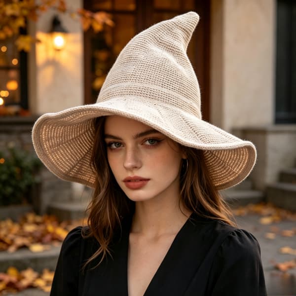 Sammenfoldelig Strikket Heksehat Til Kvinder Halloween Fest Cosplay Dekoration Beige