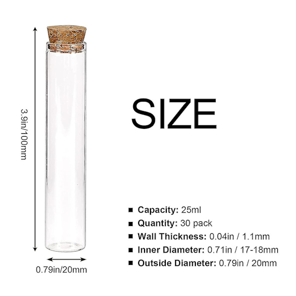 30 stk. 25 ml glasreagensglas, 20100 mm klare flade reagensglas med korkpropper til videnskabelige eksperimenter, badesalt og slikopbevaring