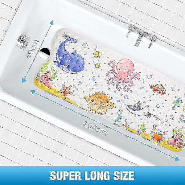 Mng skridsikker bademåtte 100x40cm, skridsikker badekar måtte med 200 sugekopper Pvc materiale, tegneserie havdyr brusebad måtte til børn og baby--