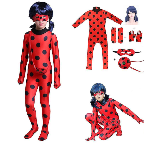 Børn piger Ladybug Cosplay kostume sæt Halloween fest Jumpsuit Fancy dress kostume med bind for øjnene, paryk, taske-yky 150(140-150CM)