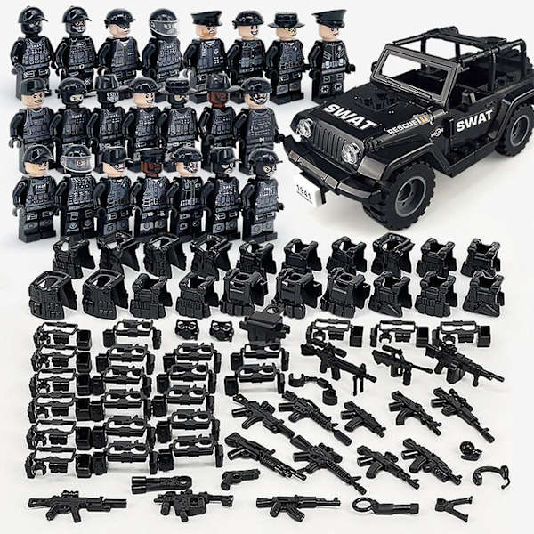 Sotilaallinen rakennuspalikkakokoelma Musta erikoispoliisi ja pienet osat koottu minifiguuri lelusetti