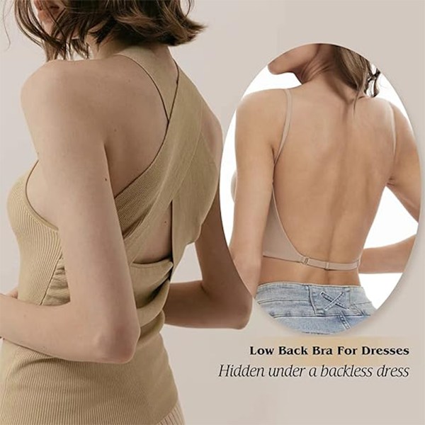 Låg Rygg BH för Kvinnor Push Up Djup V-Ringad Rygglös BH Nude Skin_xx Skin XL