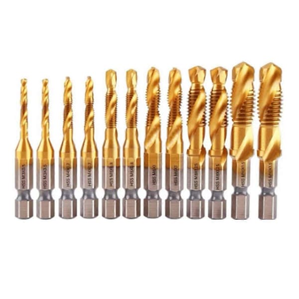 12 Pcs. Titanium Coated HSS Tap Drill Bit Set Hex Shank Screw Thread Drill Machine Composite Tap M3 M4 M5 M6 M8 M10