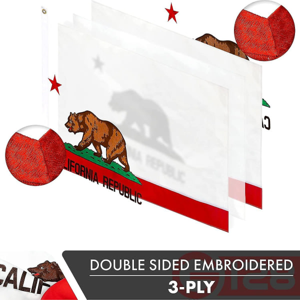 California State Flag | 3x5 fot | Dobbeltsidig brodert 210d innendørs/utendørs, messingermer, kraftig polyester, 3-lags