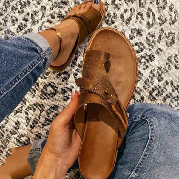 Dames Sandaler Flade Ring Tå Sommer Slide Flip Flop Sko Brun Brown 42