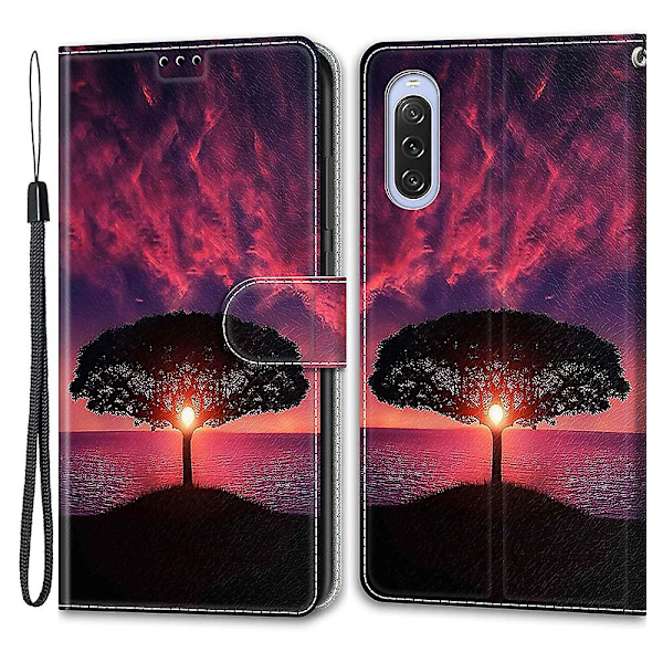 Sony Xperia 10 V Korttipidike Puhelinkotelo Jalustalla ja Hihnalla Puu/Auringonlasku null none null