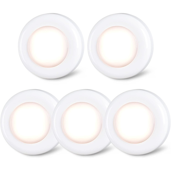 Tap Light Push Lights, Klistra på LED Touch Puck Lights AAA Batteridrivna, Tryck Spot Lights Inomhus (2.8 tum, Varmvit, 5-pack)