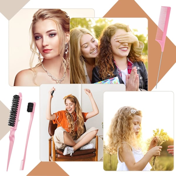 Slick Brush Set Tettbørstesett Plastbørste Hårbørste Tettkam Kantbørste Stellkam Pink