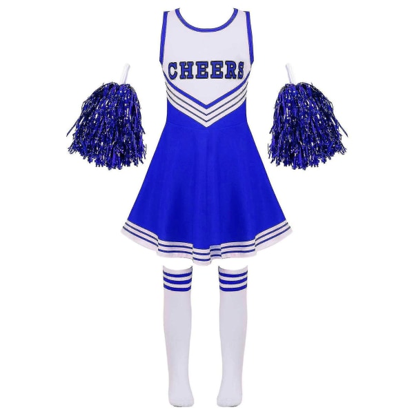 Barn Cheerleading Kostym Skolflickor Cheerleader Uniformer Cheer Dance Outfits För Halloween Klänning Med Strumpor Blomma D_y Blå Blue 9-10 Years