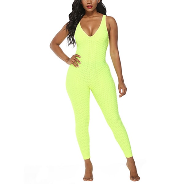 Women Sexy Plant Open Back Solid Color Yoga Sports Jumpsuit Silver Yellow,M