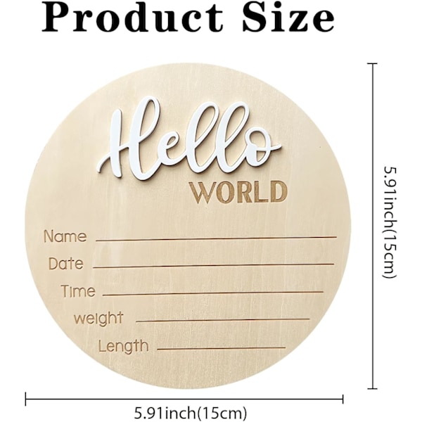 Nyfödd Ankomstskylt, 15 cm Trä Hello World Skyltar Baby Välkomstskylt, Hello World Barnrumsinredning Skylt för Baby, Nyfödda Pojkar och Flickor Gåva