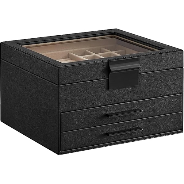 SONGMICS Smykkeskrin med låg, 3-lags smykkeopbevaring, med 2 skuffer, moderne stil, 20,3 x 23,1 x 13,5 cm, skyhvid og guldfarve UJBC239WT black