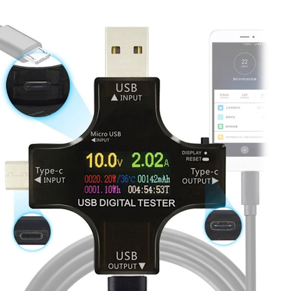 1:ssä Type-C USB -testeri Värinäyttöinen digitaalinen yleismittari, USB-C jännitteen ja virran volttimittari ampeerimittari-ilmaisimet
