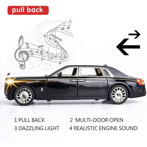 1/24 Rolls-Royce Phantom -malliauto, sinkkiseoksesta vedettävä takaisinvedettävä leluauto, ääni ja valo lapsille, pojalle tytölle lahja (musta)