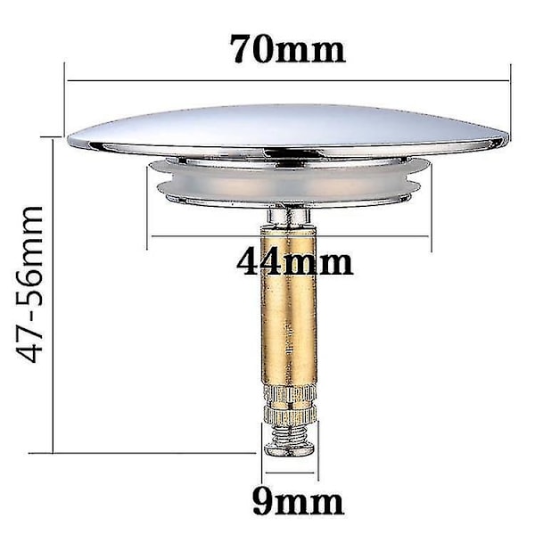 Badkarspropp, 70 mm, med dubbel tätning, höjdjusterbar, universell badkarspropp, diskbänkskran, härdad mässing med kromfinish