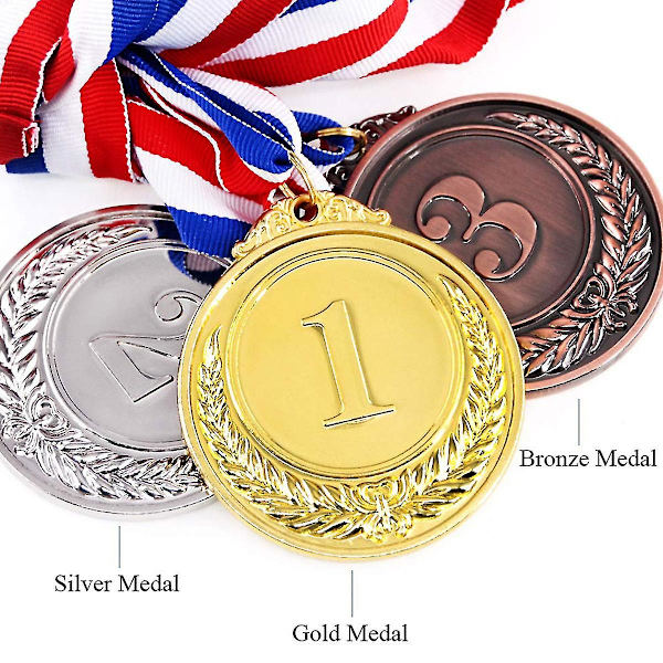 Guld, sølv og bronze præmieringsmedaljer med halsbånd, olympisk stil vindermedalje, 3 stk.