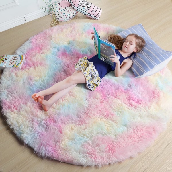 Rainbow Fluffy mattor för flickor i sovrum 4 fot, Unicorn rumsdekor, pastell rund matta för barn, Shag matta för barnkammare, mjuk lekmatta