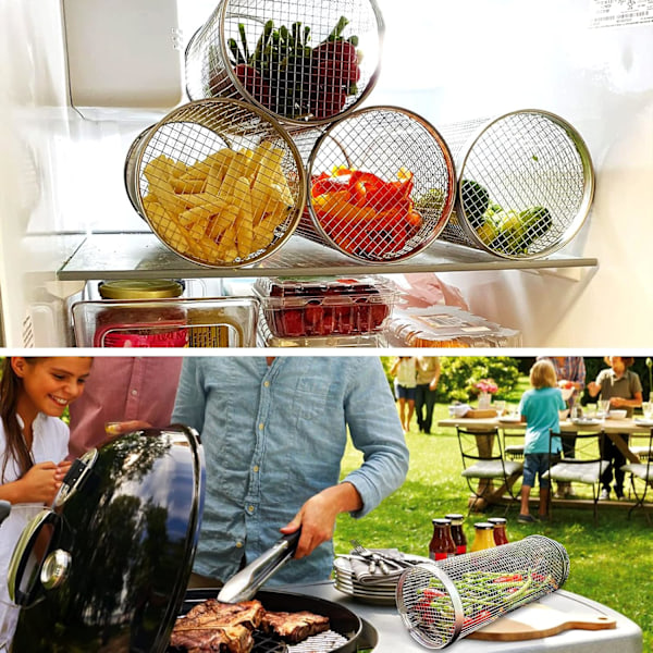 Rullende BBQ Grillkurv, Bærbar Grillkurv til Grøntsager, Udendørs Grilltilbehør, Rund Grillkurv til Grøntsager, Pommes Frites L