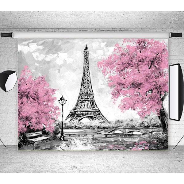 9x6ft Pariisin Eiffel-tornin taustat valokuvausta varten Vaaleanpunaiset kukat Puu Valokuvaharrastajat Häästudio Rekvisiitta Tausta Banneri Vinyyli