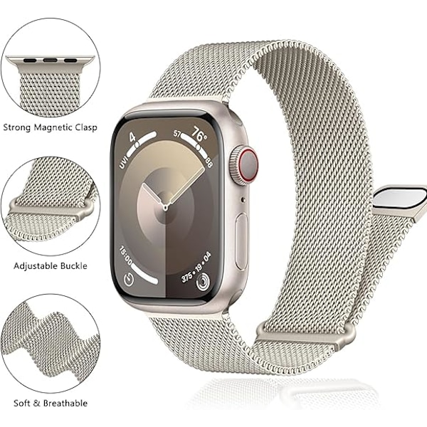 Rem for Apple Watch 41mm 40mm 38mm Dobbel Magnetisk Justerbar Erstatningsrem for iWatch Serie 9 8 SE 7 6 5 4 3 2 1 Starlight