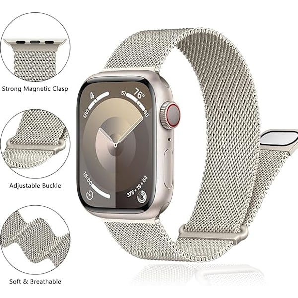 Rem för Apple Watch 41mm 40mm 38mm Dubbel Magnetisk Justerbar Ersättningsrem för iWatch Serie 9 8 SE 7 6 5 4 3 2 1 Starlight