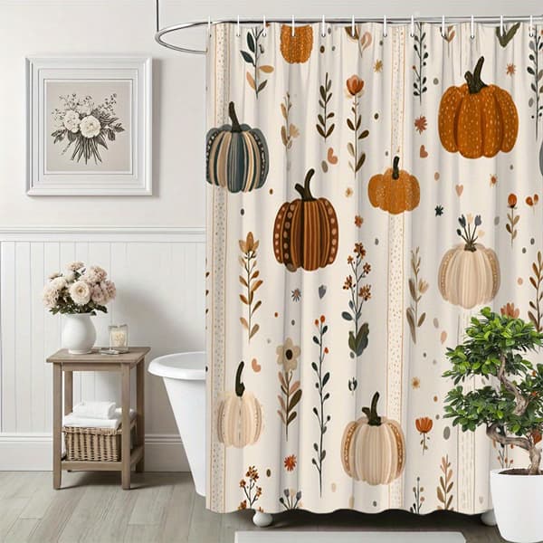 Efterår Græskar Blomster Bruseforhæng, Bondegårdsstil, Polyester, 180x180 Cm, Med 12 Kroge 72*72in