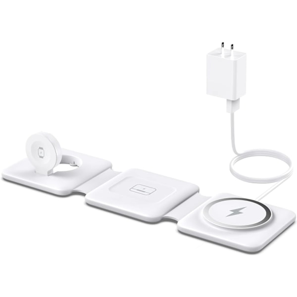 3-i-1 Vikbar Magnetisk Trådlös Laddningsdocka - Reseladdningsdyna för iPhone 15 14 13 12 Pro Max Plus Klocka & Airpods