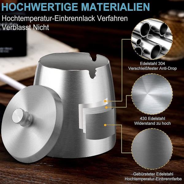 Askkopp i rostfritt stål med lock Vindtät askkopp för utomhusbruk med halkfri bas för inomhus- och utomhusbruk Silver Silver L