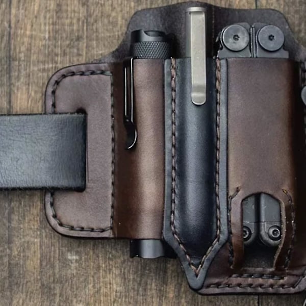 Bältesmultiverktygsfodral Läder EDC Verktygsficka för Män Fodral med Pennhållare Nyckelring Ficklampa EDC Läderficka Brun 1st